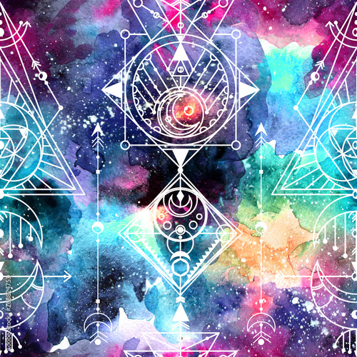 sacred geometry seamless pattern on watercolor space background.