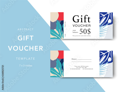 Gift voucher card template. Modern discount coupon for shopping with abstract and floral pattern. Modern fashion background design with information sample text. Coupon template for gift and shopping.