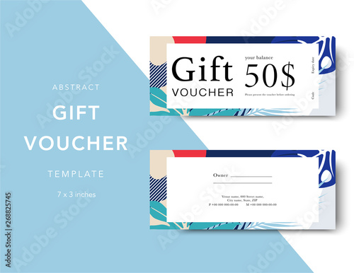 Gift voucher card template. Modern discount coupon for shopping with abstract and floral pattern. Modern fashion background design with information sample text. Coupon template for gift and shopping.