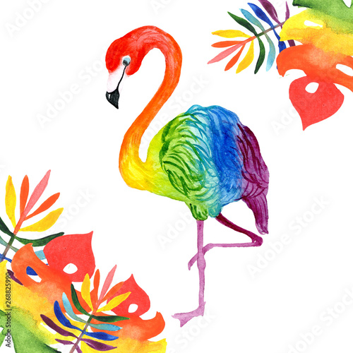 watercolor illustration of a beautiful tropical exotic rainbow flamingo with tropical rainbow-colored leaves. hand drawn