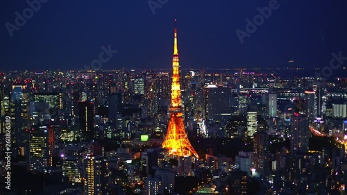 Tokyo tower at Night time-lapse, wide angle view. , tilt up, Time-Lapse.