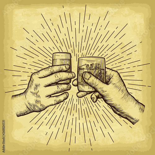 Hands holding drink glasses. Old paper texture with  linear vintage style sun rays background. Engraved style hand drawn vector illustration.