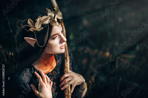 Murais de parede beautiful elf woman fabulous, fairy forest, famtasy young woman with long ears,