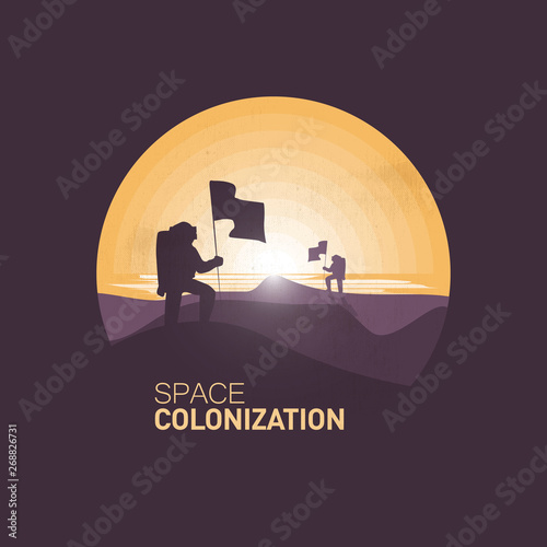 Space colonization.Astronaut holds flag on a hill in the desert.Negative space illustration