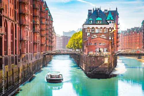 Hamburg Speicherstadt with tour boat in summer, Hamburg, Germany