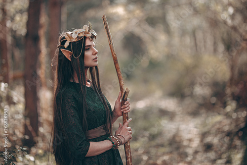 Fotografía beautiful elf woman fabulous, fairy forest, famtasy young woman with long ears,