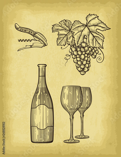 Hand drawn wine background. Old craft paper texture background. Engraved style vector illustration. Template for your design works.