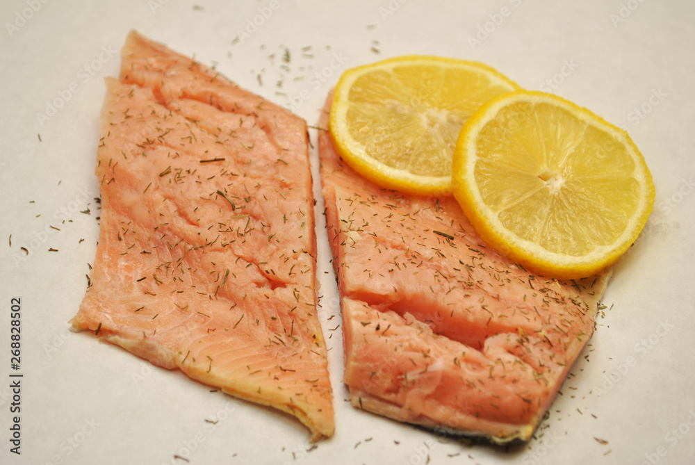 Salmon Steaks with Dried Dill & Lemon Slices on Top Salmon Steaks with Dried Dill & Lemon Slices on Top