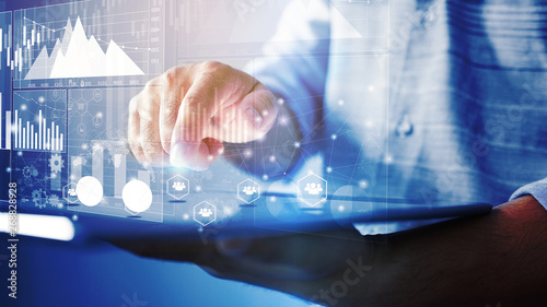 Fotografi Businessman analysis business graph on virtual screen interface