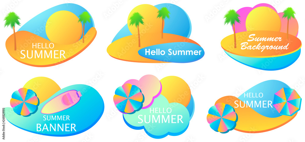 Summer liquid gradient banner set. Colorful fluid shapes isolated on white background. Beach umbrella and sea in material design style. Vector illustration