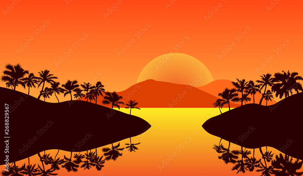 panorama landscape of yellow color Silhouette palm tree on beach in flat icon design under sunset sky background
