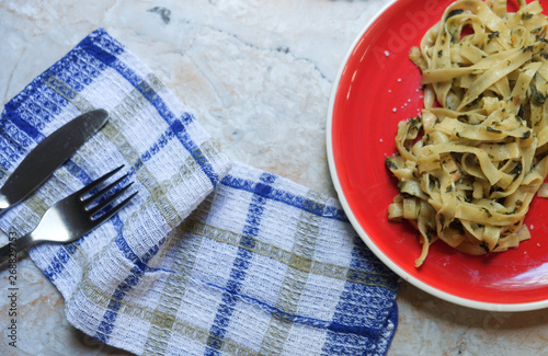 Chicken and spinach pasta tagliatelle from above