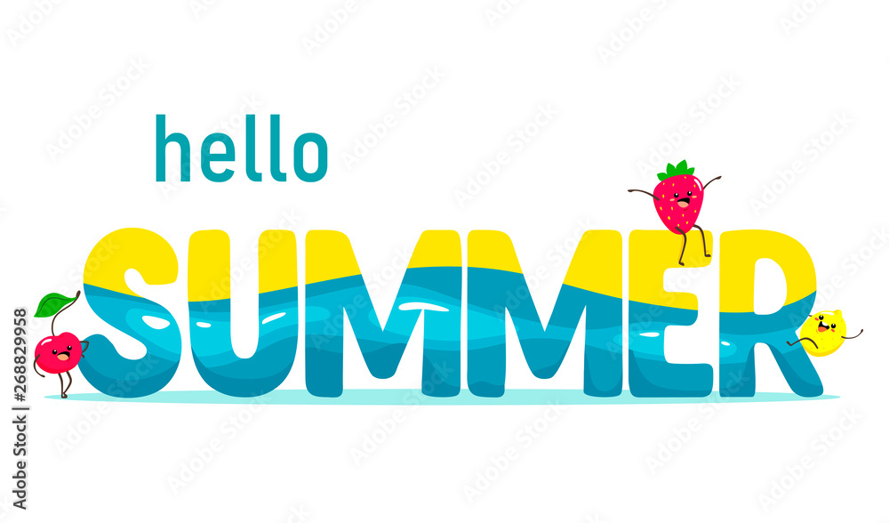 Fototapeta premium Bright banner Hello Summer. Vector illustration with handwritten text water texture and cute fruits cartoon on a white background