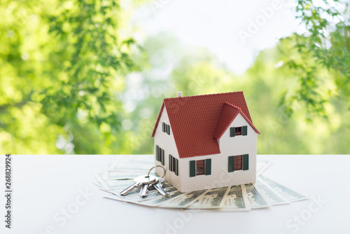 mortgage, real estate and property concept - close up of home or house model and money over green natural background