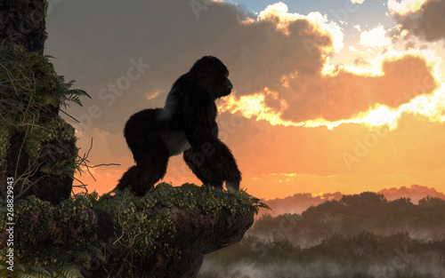 A silverback gorilla stands on a rocky, vegetation covered ledge overlooking a jungle basin. The great ape watches as the sunset. 3D Rendering 