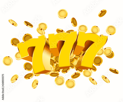 Golden slot machine 777 with flying golden coins wins the jackpot. Big win concept.
