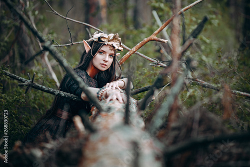 beautiful elf woman fabulous, fairy forest, famtasy young woman with long ears, long dark hair golden wreath crown on head