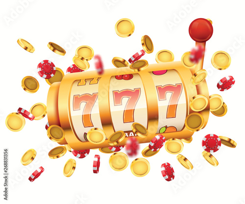 Golden slot machine with flying golden coins wins the jackpot. Big win concept.