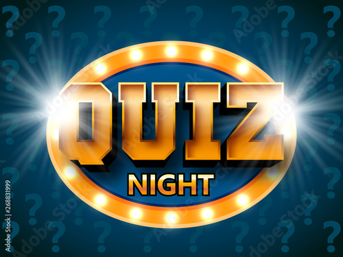 Quiz night announcement poster design web banner background vector illustration. Pub quiz held in a pub or bar, night club. Modern pub team game. Questions game shining retro light banner