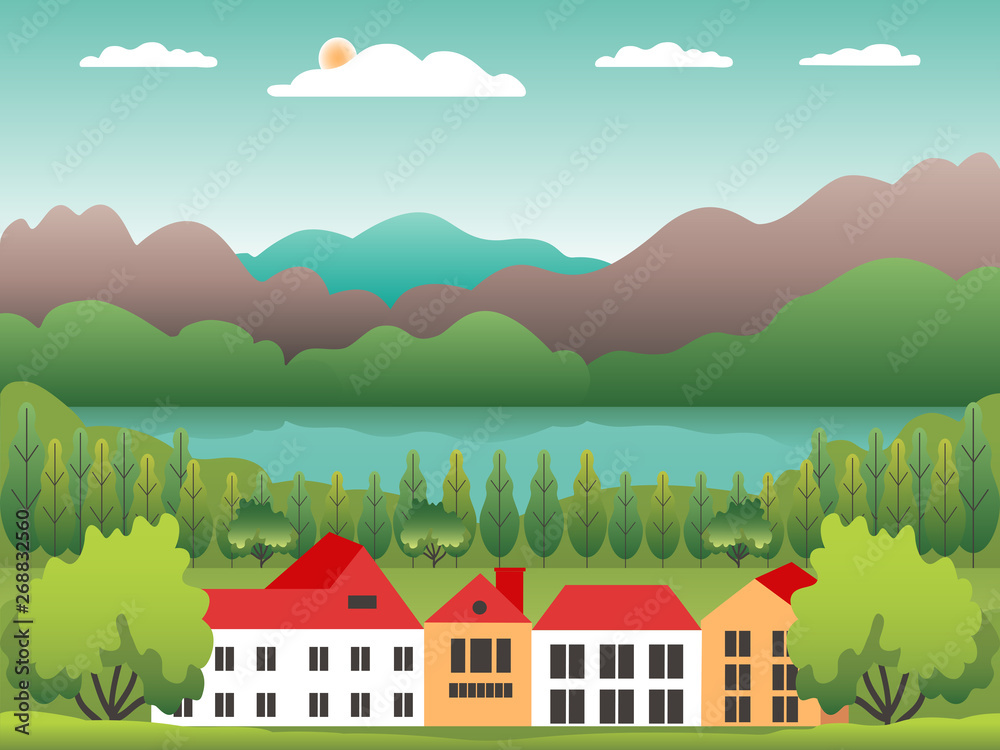 Hills and mountains landscape with house farm in flat style design illustration. reen fields, meadow, tree, blue sky and sun. Rural location in the hill, forest. Cartoon vector background Hills and mountains landscape with house farm in flat style design illustration. reen fields, meadow, tree, blue sky and sun. Rural location in the hill, forest. Cartoon vector background
