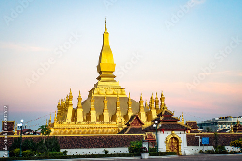 Pha That Luang, 'Great Stupa' is a gold-covered large Buddhist stupa in the centre of Vientiane, Laos. It is generally regarded as the most important national monument in Laos photo