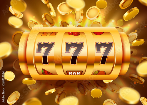 Golden slot machine with flying golden coins wins the jackpot. Big win concept.
