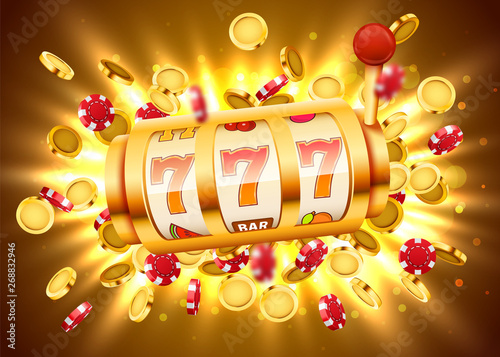 Golden slot machine with flying golden coins wins the jackpot. Big win concept.