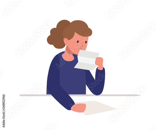 Cute girl sitting at desk and reading letter isolated on white background