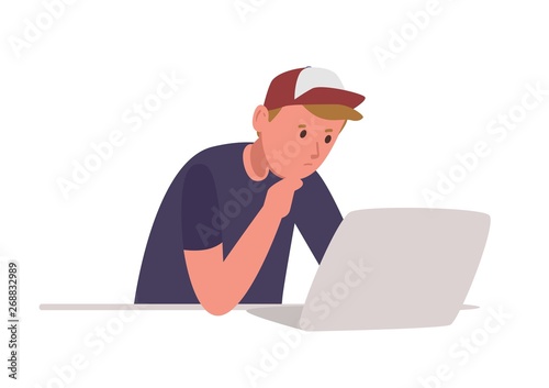 Young pensive boy sitting at laptop computer and studying hard isolated on white background. Student or schoolboy preparing for exams at university or school. Flat cartoon colored vector illustration.