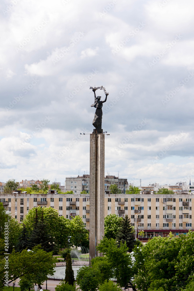 Kaluga, Russia - May 11, 2019: View of monument of Victory Square (Ploshchad Pobedy) from the Sky restaurant.