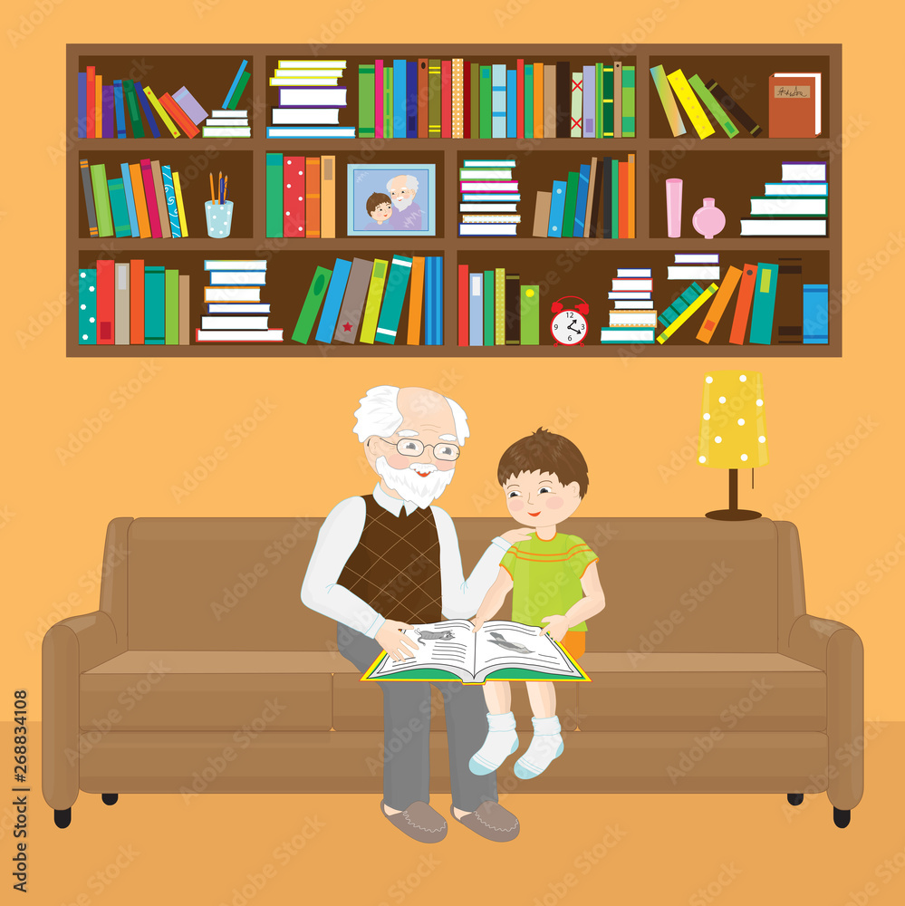 A little boy and his grandfather are reading a book. Illustration. 