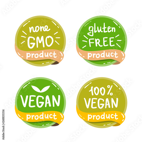Vegan, healthy food illustrations set for cafe, restaurant badges, tags, packaging. Vector eco, organic, bio logos or stickers
