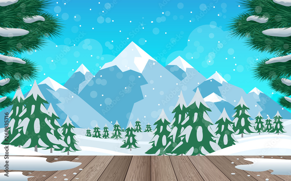 landscape of wooden floor in the snow forest in the winter landscape of wooden floor in the snow forest in the winter
