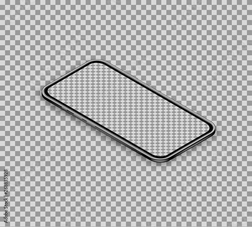 3d realistic isometric smartphone isolated on transparent background. Smart phone with blank touchscreen display. Banner template for mobile app interface design. Perspective view. Vector illustration