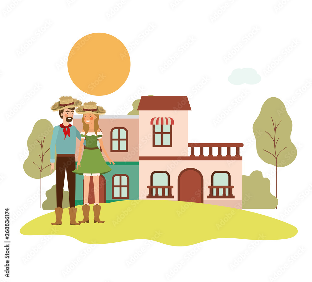 farmers couple talking with background houses