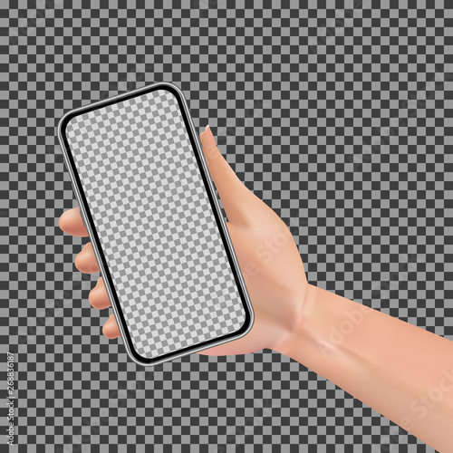 Realistic hand holding smartphone with empty touchscreen isolated on transparent background. Man, woman or human using mobile phone design concept. Vector illustration