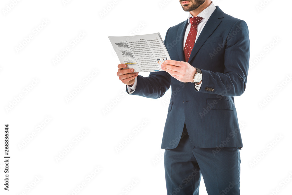 partial view of businessman in black suit reading newspaper isolated on white partial view of businessman in black suit reading newspaper isolated on white