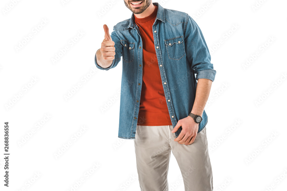 partial view of man in denim shirt showing thumb up isolated on white