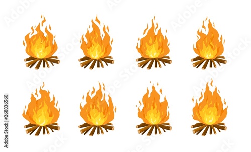 Collection of burning bonfires or campfires isolated on white background. Animation set of flame on firewood or logs in fire. Bundle of decorative design elements. Flat cartoon vector illustration.