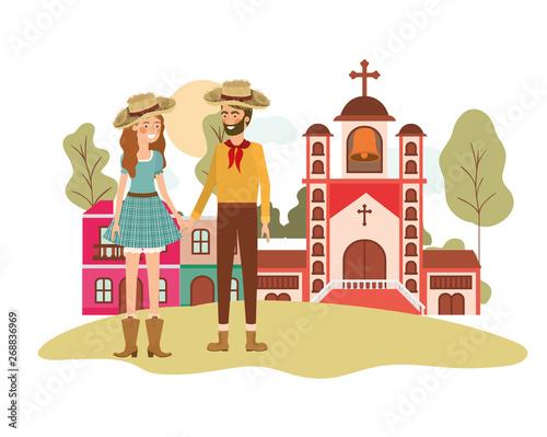 farmers couple talking with background houses