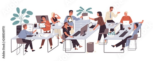 Group of office workers sitting at desks and communicating or talking to each other. Dialogs or conversations between colleagues or clerks at workplace. Flat cartoon colorful vector illustration.