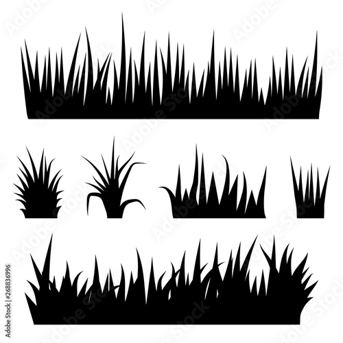 Set with silhouettes of grass, black and white vector illustration