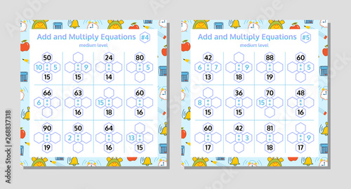 Addition and Multiplication Math Puzzle Set. Mathematical educational game. Vector Illustration.