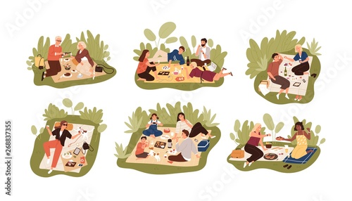 Collection of young and elderly people at picnic. Bundle of happy men, women and children eating meals outdoors. Set of friends, families and couples having lunch. Flat cartoon vector illustration.