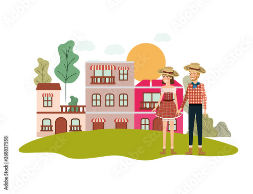 farmers couple talking with background houses