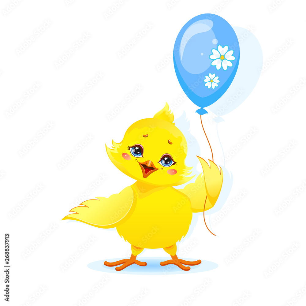 Happy Cute Chicken With Blue Balloon on White Background. Vector Illustration.