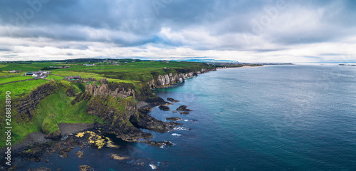 Aerial panorama of the medieval Dunluce Castle ruins, Ireland