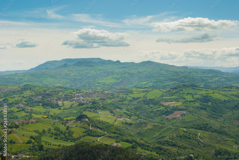 Beautiful view of the hills of Umbria seen from the castle of San Marino