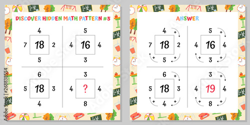 Discover Hidden Math Pattern Educational Game Worksheet Set. Mathematics puzzle. Vector Illustration.