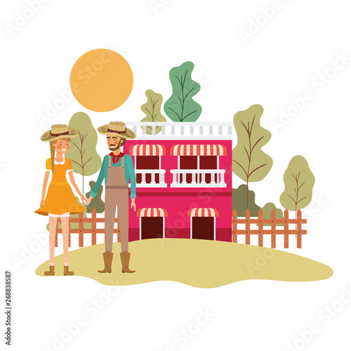 farmers couple talking with background houses